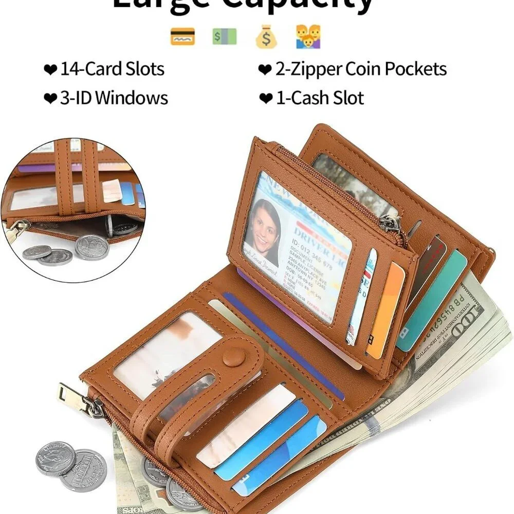 Women's Small RFID Card Wallet Bifold with Zipper Pocket Faux Leather - Picture 2 of 6